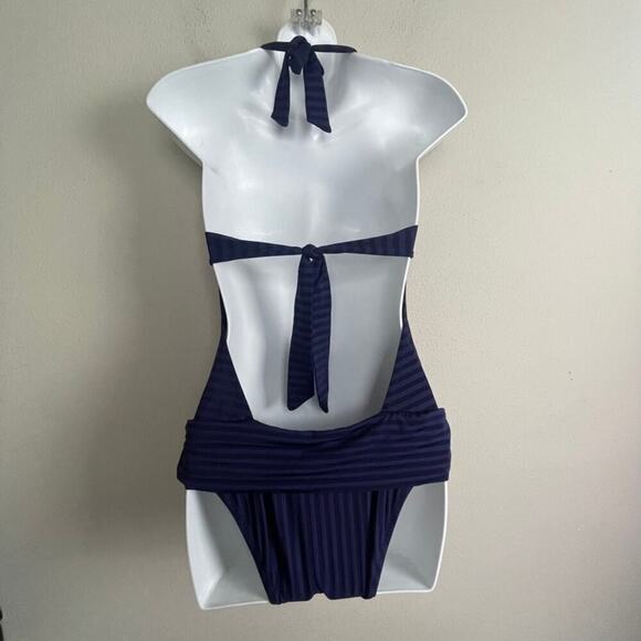 Becca by Rebecca Virtue One Piece Swimsuit‎ M Blue Stripe Halter Laser Cut - Picture 6 of 8